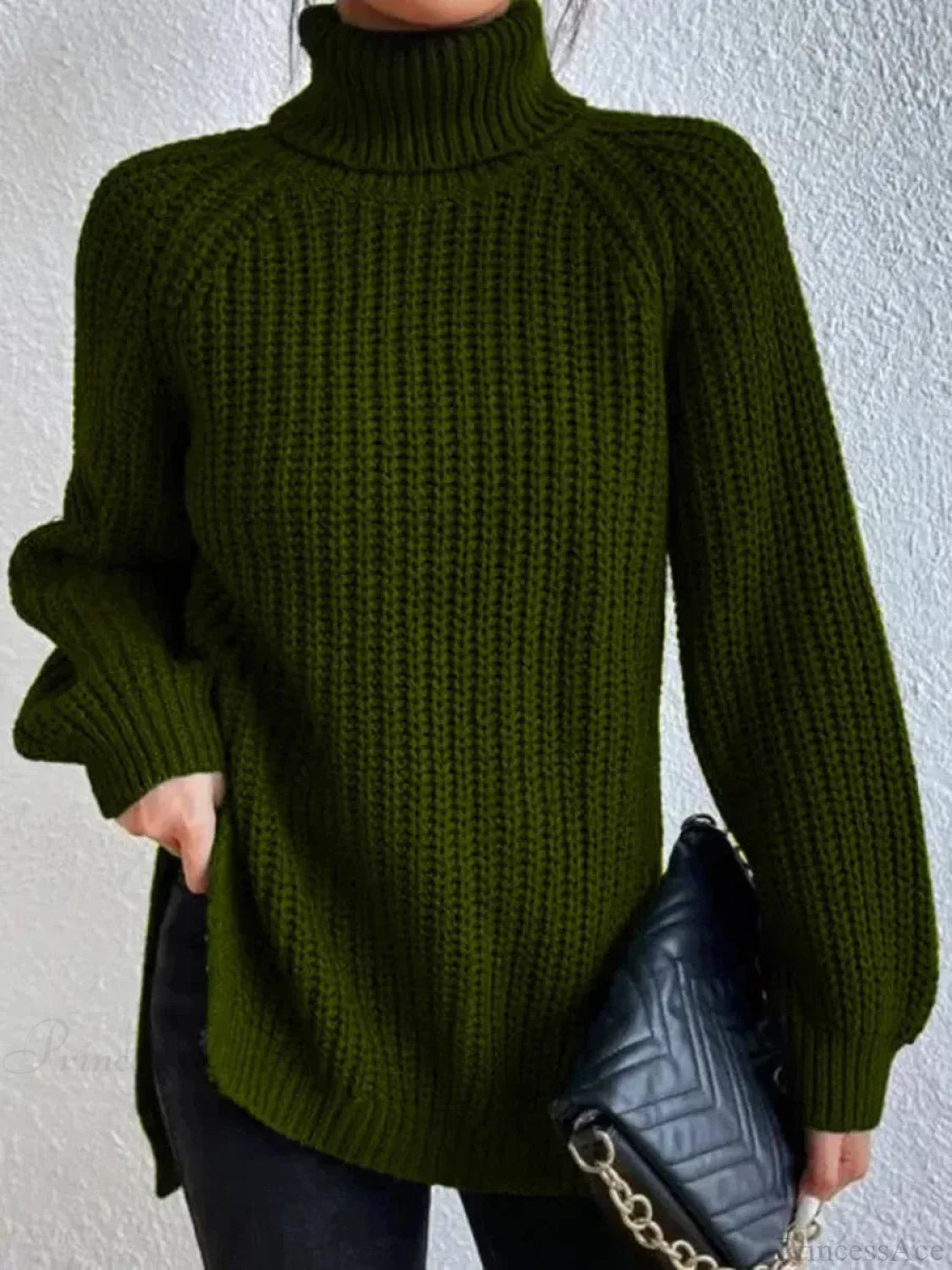 Turtleneck Split Crochet Thick Sweater
