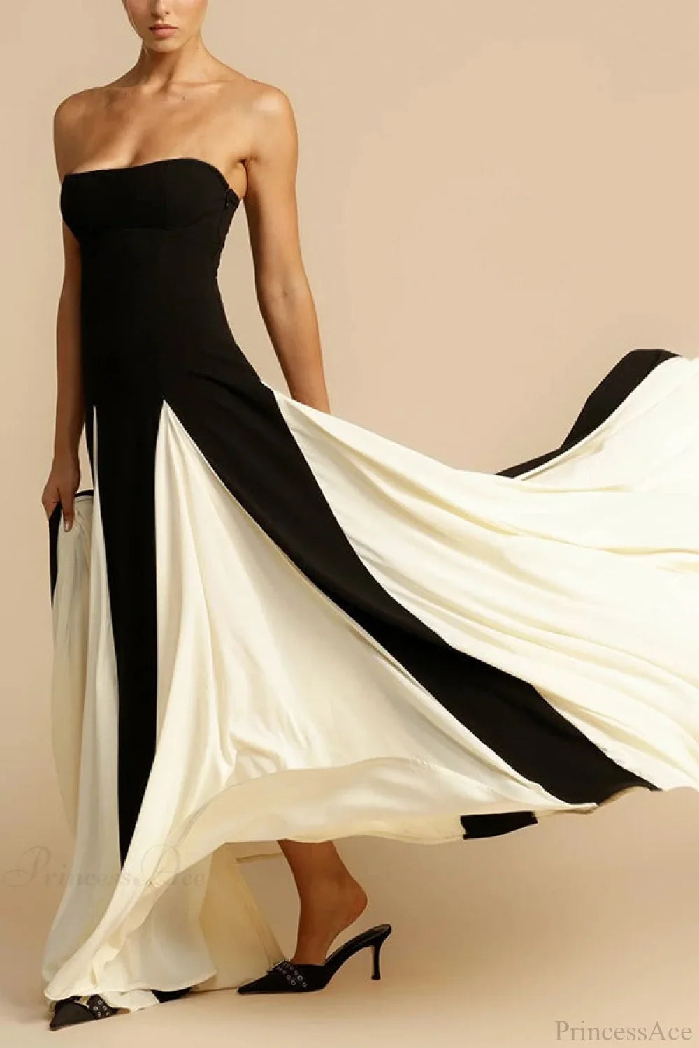 Two-Tone Paneled Tulle Strapless Evening Dress