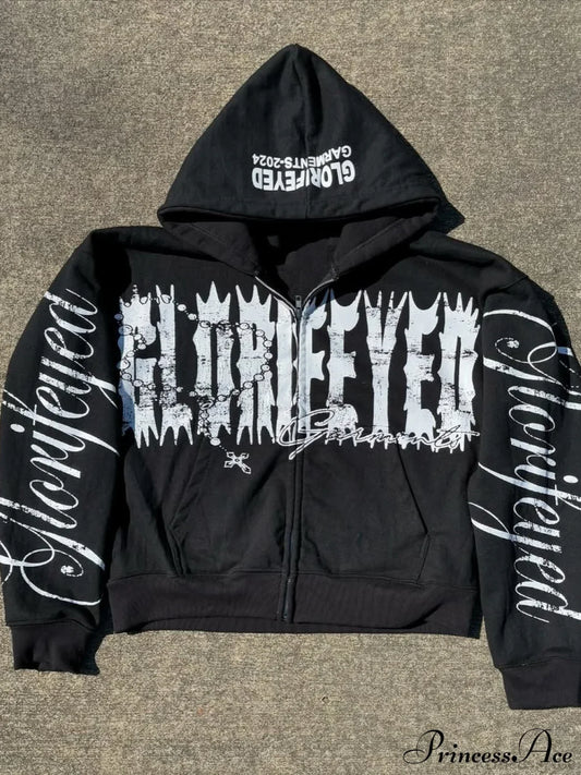 Unique Letter Print Retro Street Zip Hoodie
