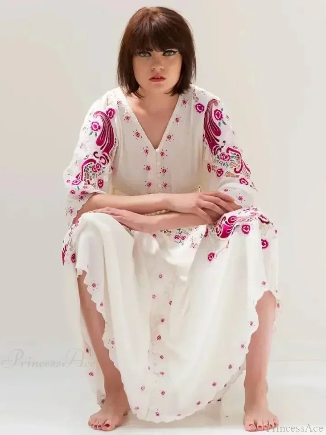 V Collar Embroidery Oversized Casual Cotton Boho Dress
