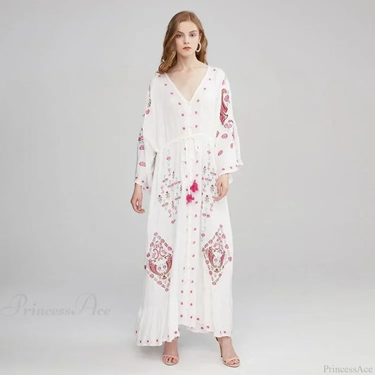 V Collar Embroidery Oversized Casual Cotton Boho Dress