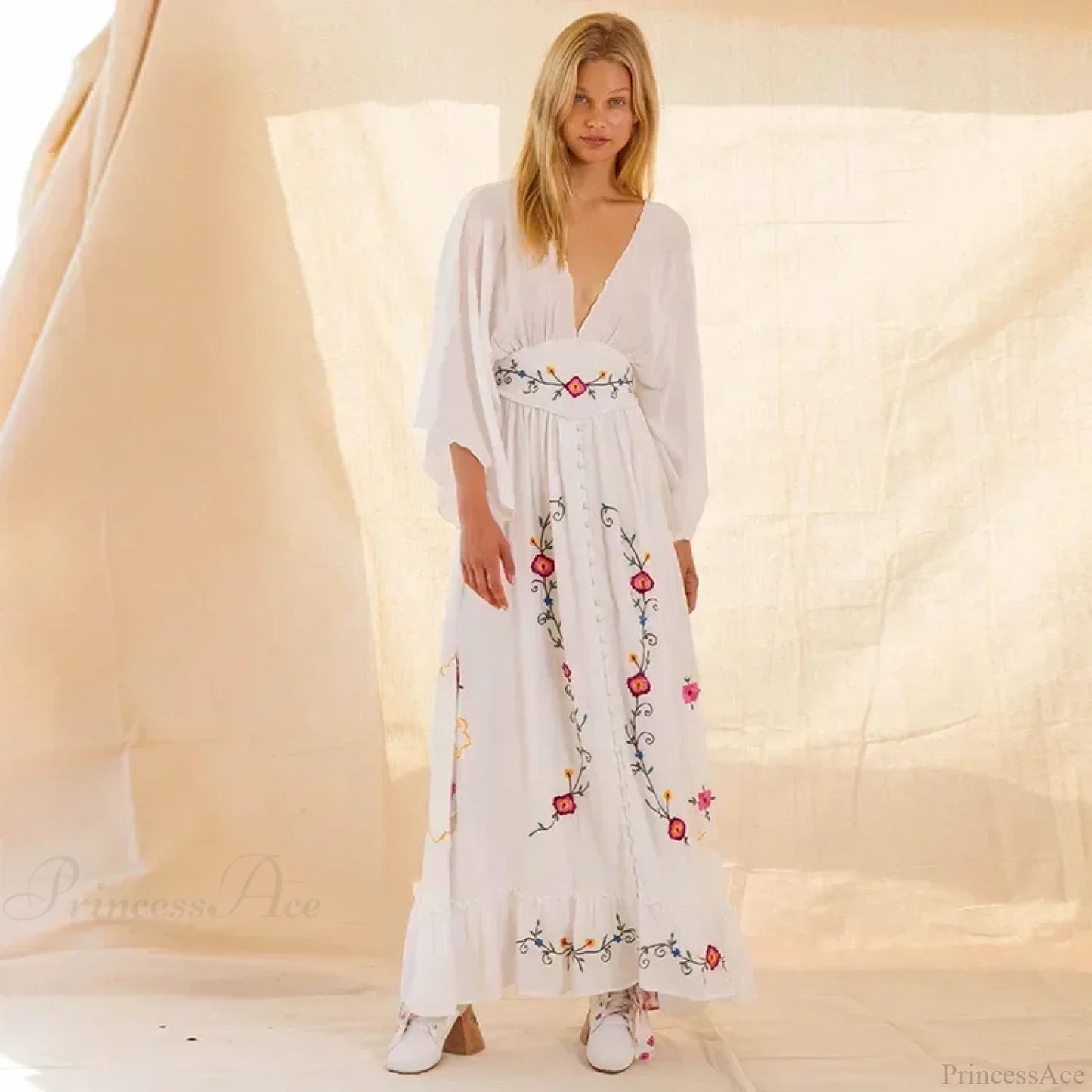 V-neck Embroidery Flower Retro National Boho Dress