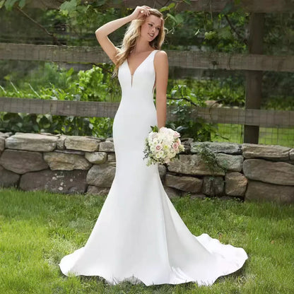 V-Neck Satin Mermaid Bridal Wedding Dress