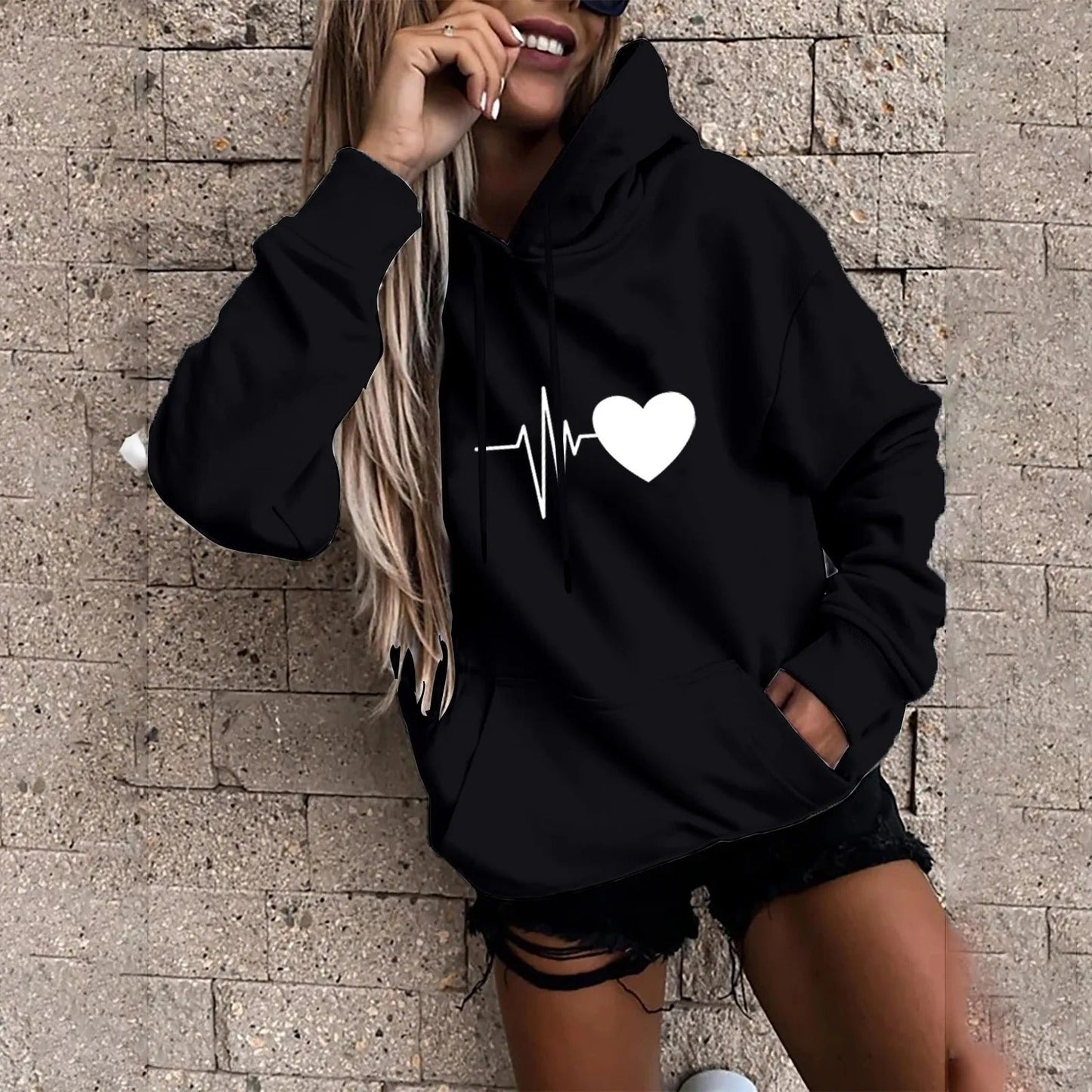 Olivia | Heart and heartbeat print hoodie for women