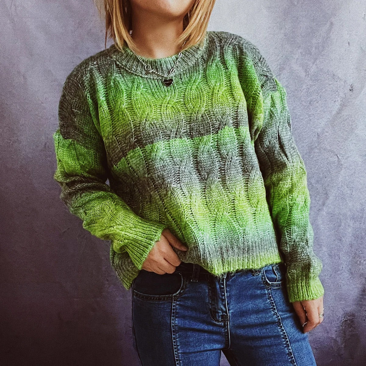 Brigitta | Women's ribbed denim sweater with a round neckline