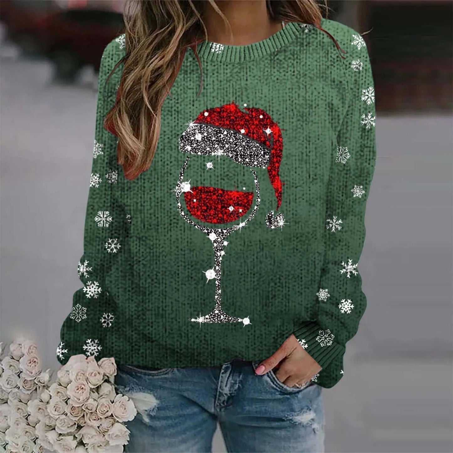 Juliana® | Warm sweater with Christmas wine glass and printed Santa hat for women