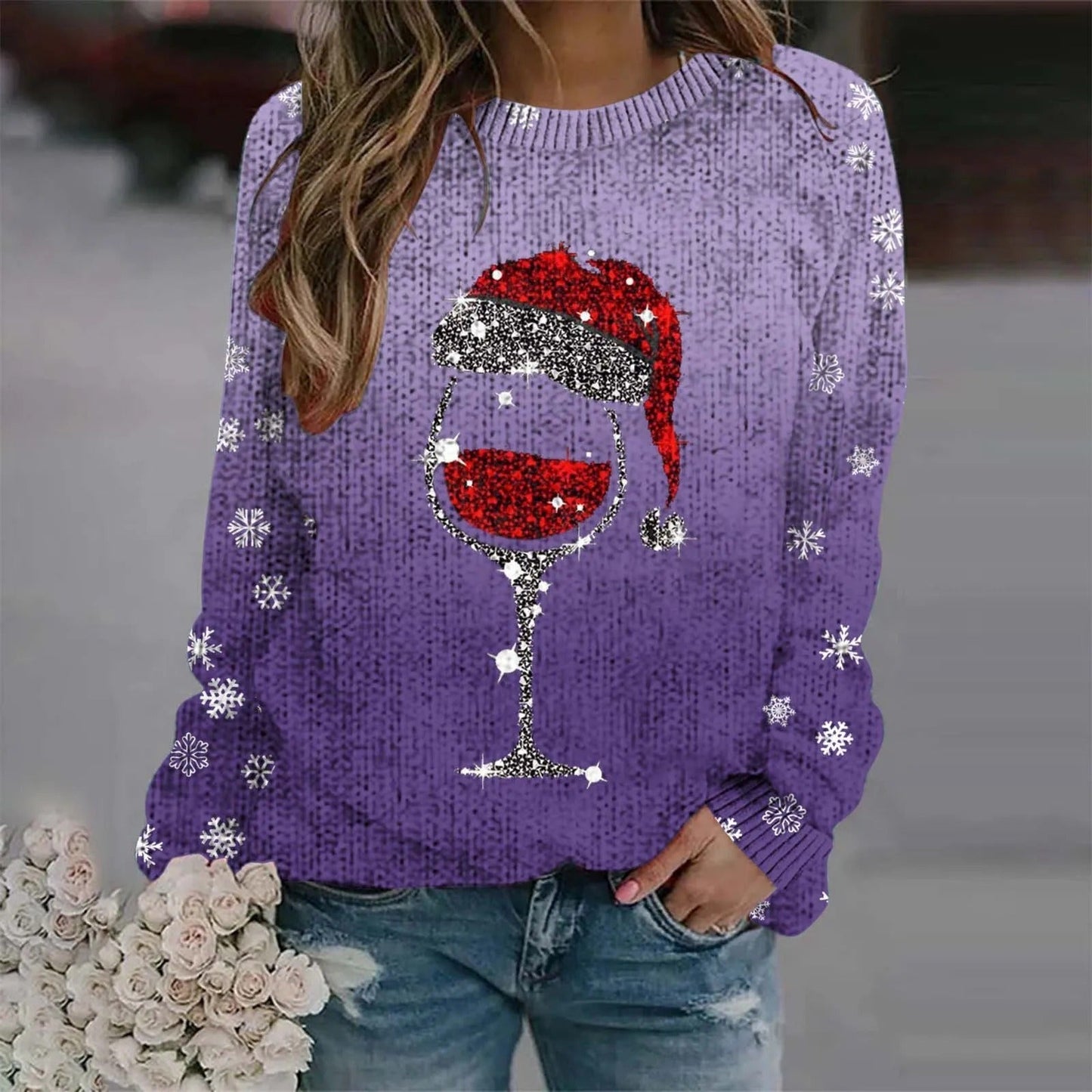 Juliana® | Warm sweater with Christmas wine glass and printed Santa hat for women