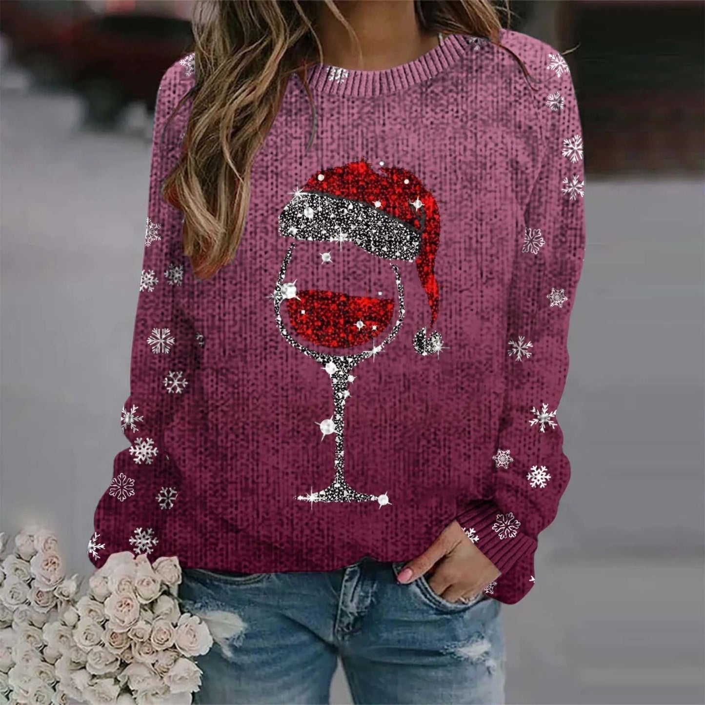 Juliana® | Warm sweater with Christmas wine glass and printed Santa hat for women