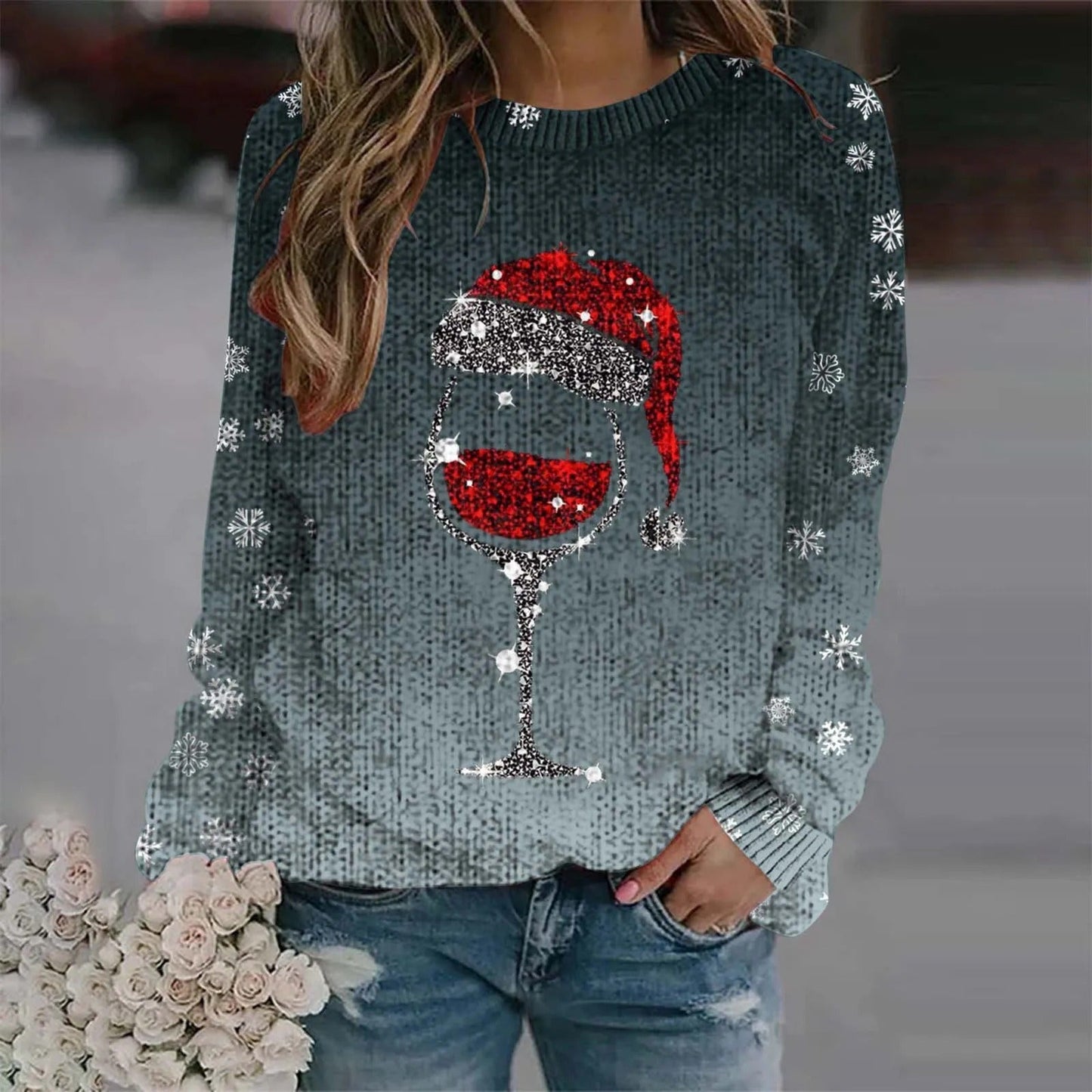 Juliana® | Warm sweater with Christmas wine glass and printed Santa hat for women