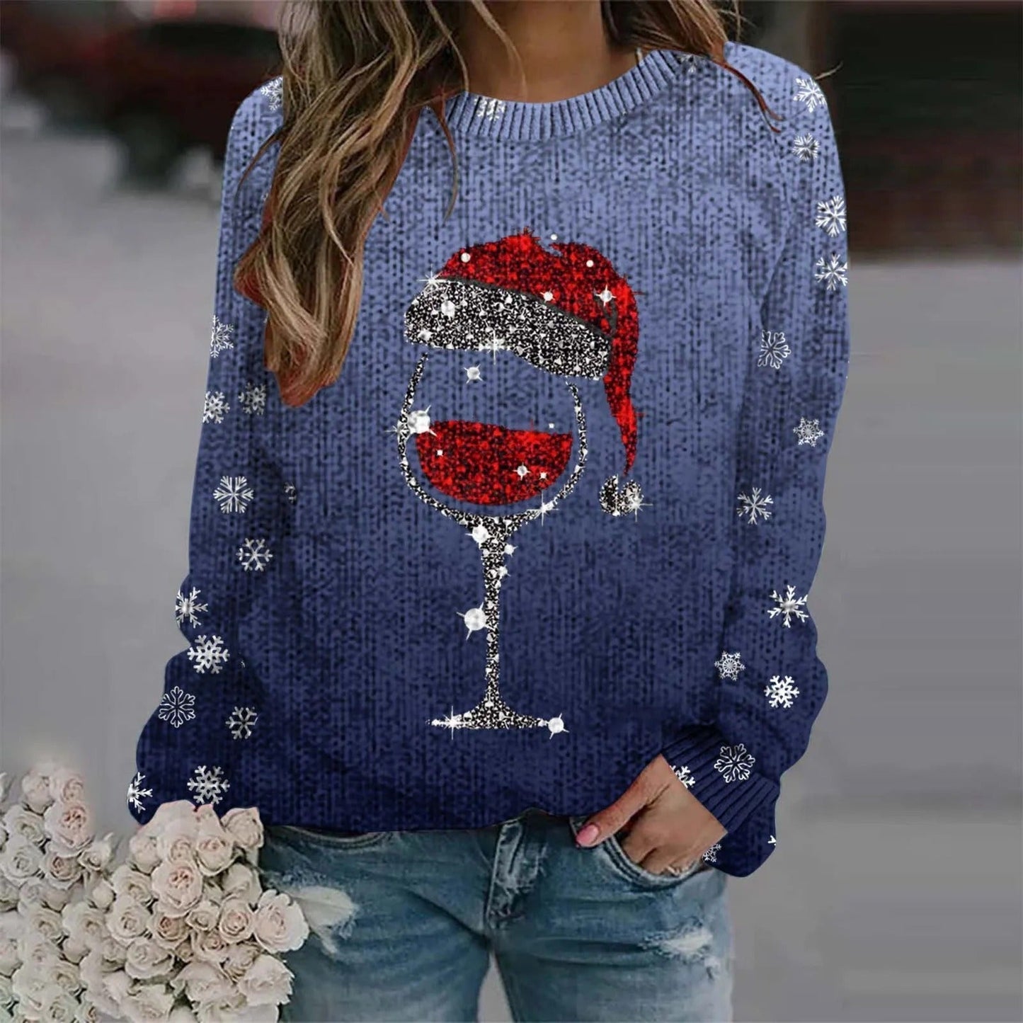 Juliana® | Warm sweater with Christmas wine glass and printed Santa hat for women