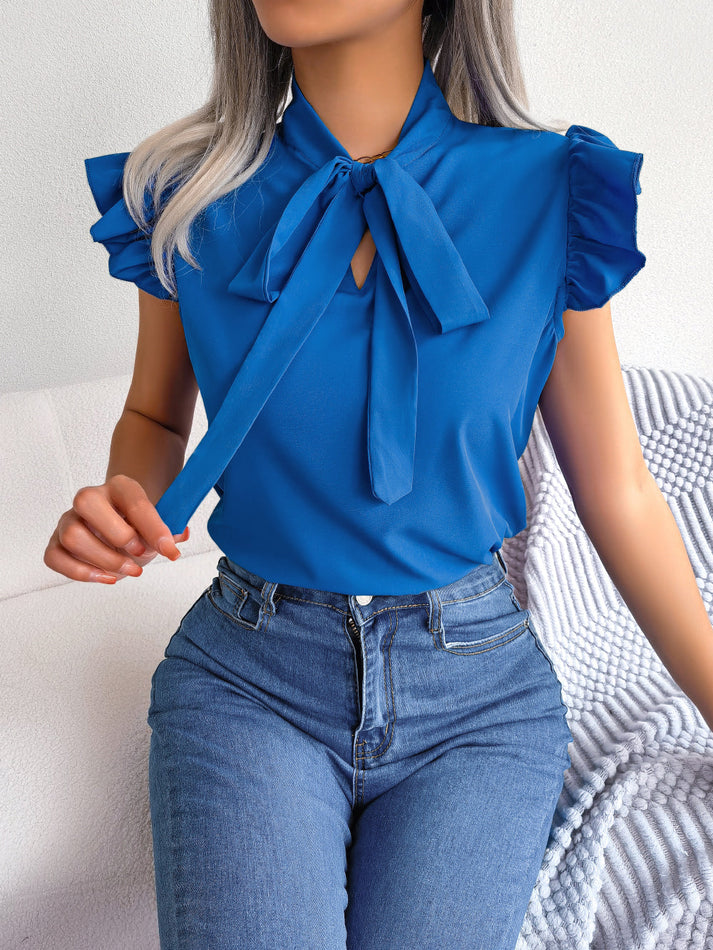 Evelin® | Sleeveless Blouse With A Tie Collar And Fringes On The Sleeves
