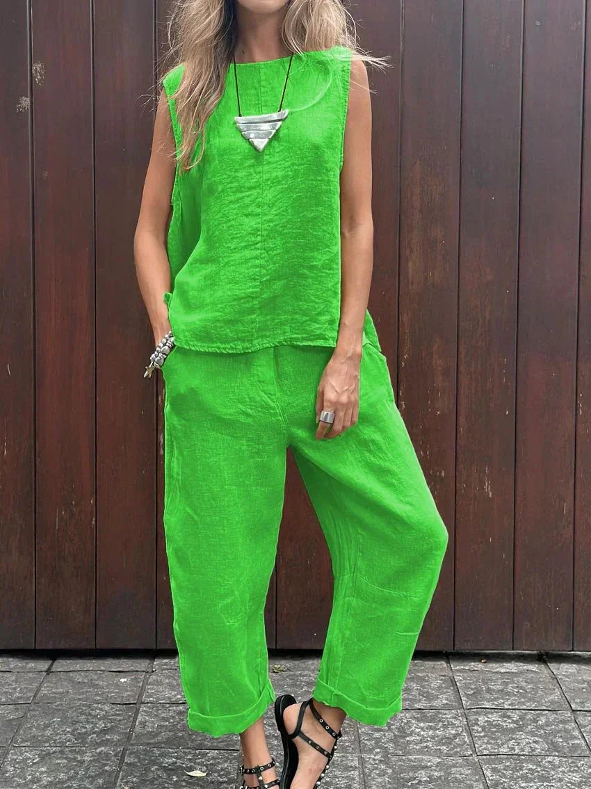 Kylie® | Casual Sleeveless Cotton And Linen Top And Pants Set