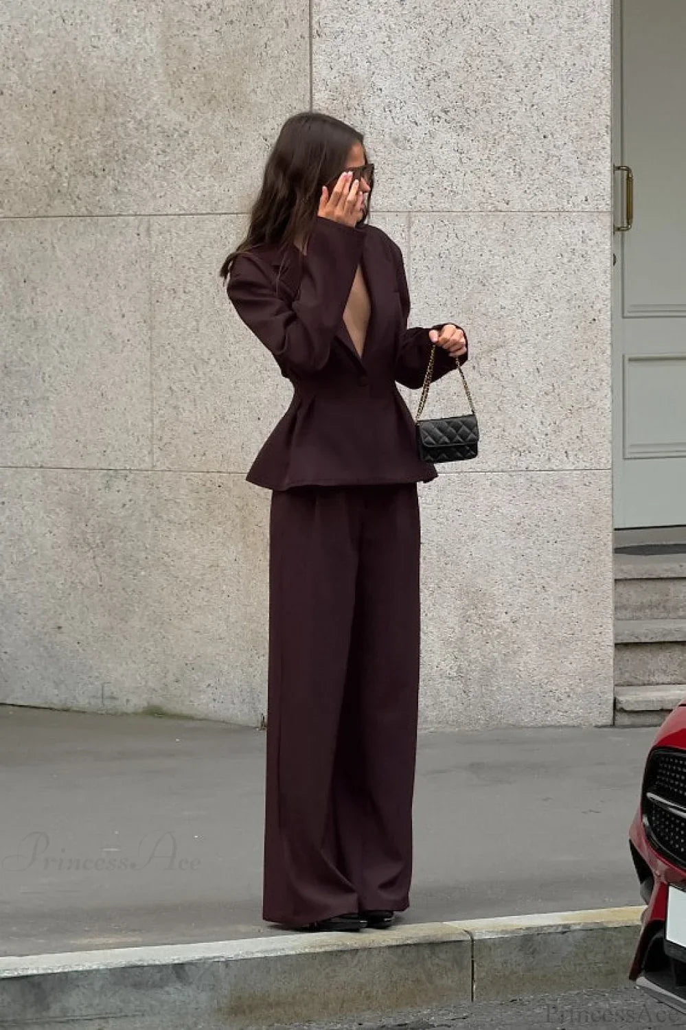Vintage Deep V-Neck Fitted Waist Blazer Long Sleeve Two Piece Set