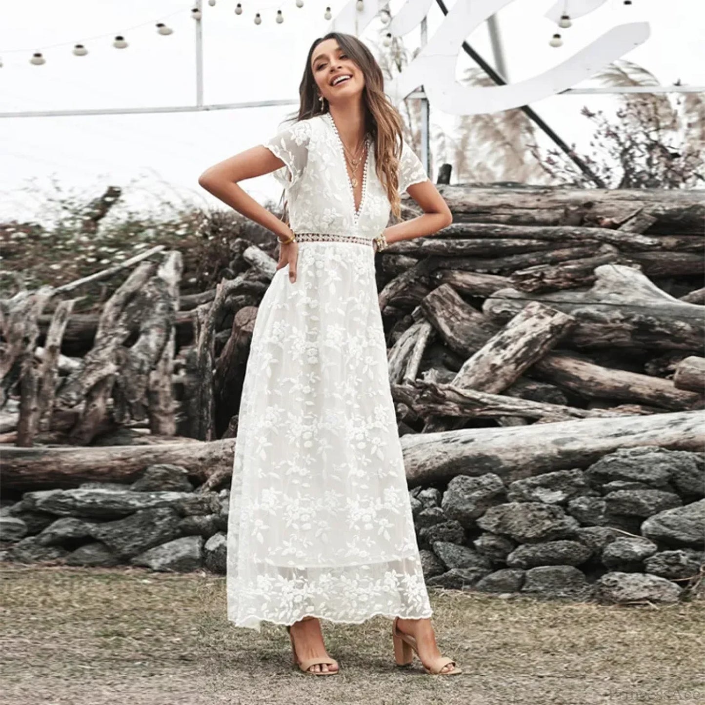 Vintage Deep V Short Sleeve Dress