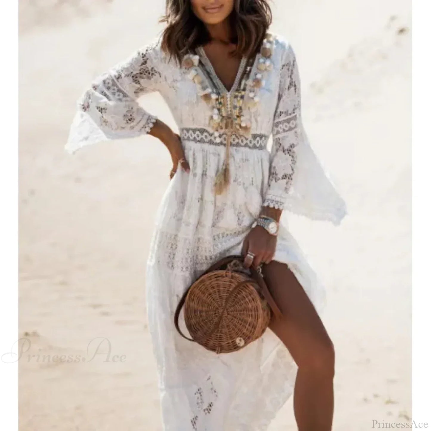 Vintage Embroidery Loose White Red Boho Dress