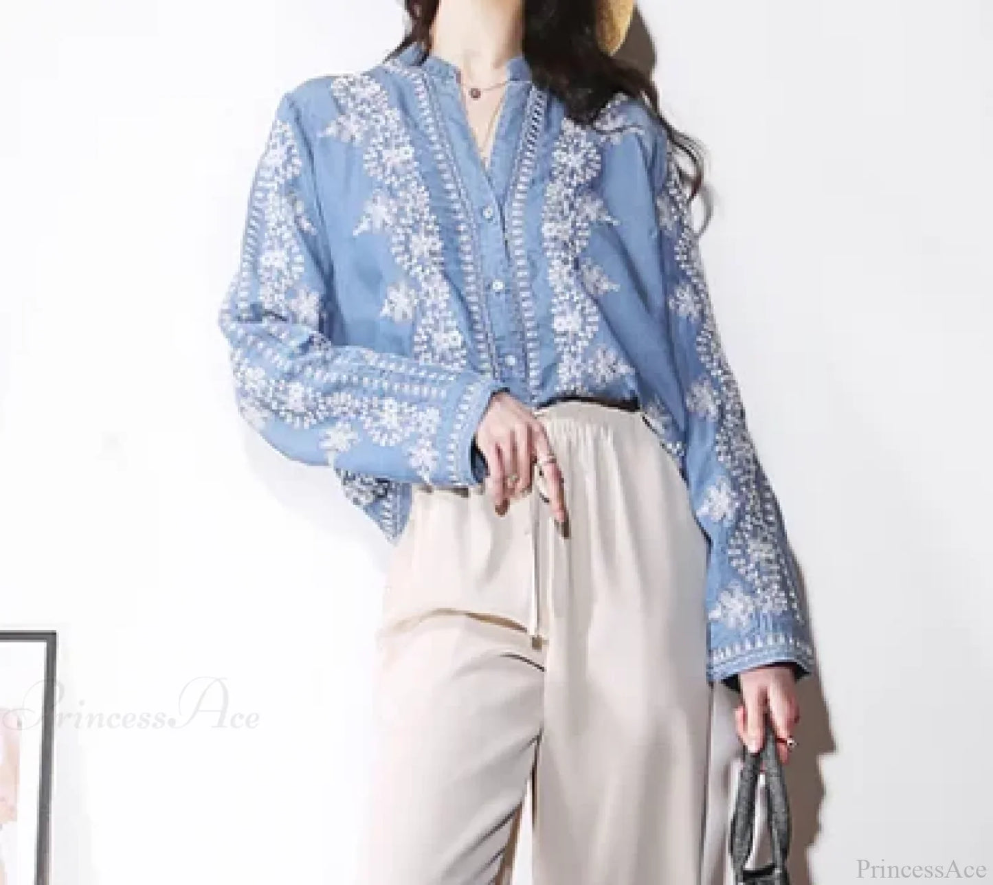 Vintage Floral Embroidery Cotton Denim Long Sleeve Boho Blouse