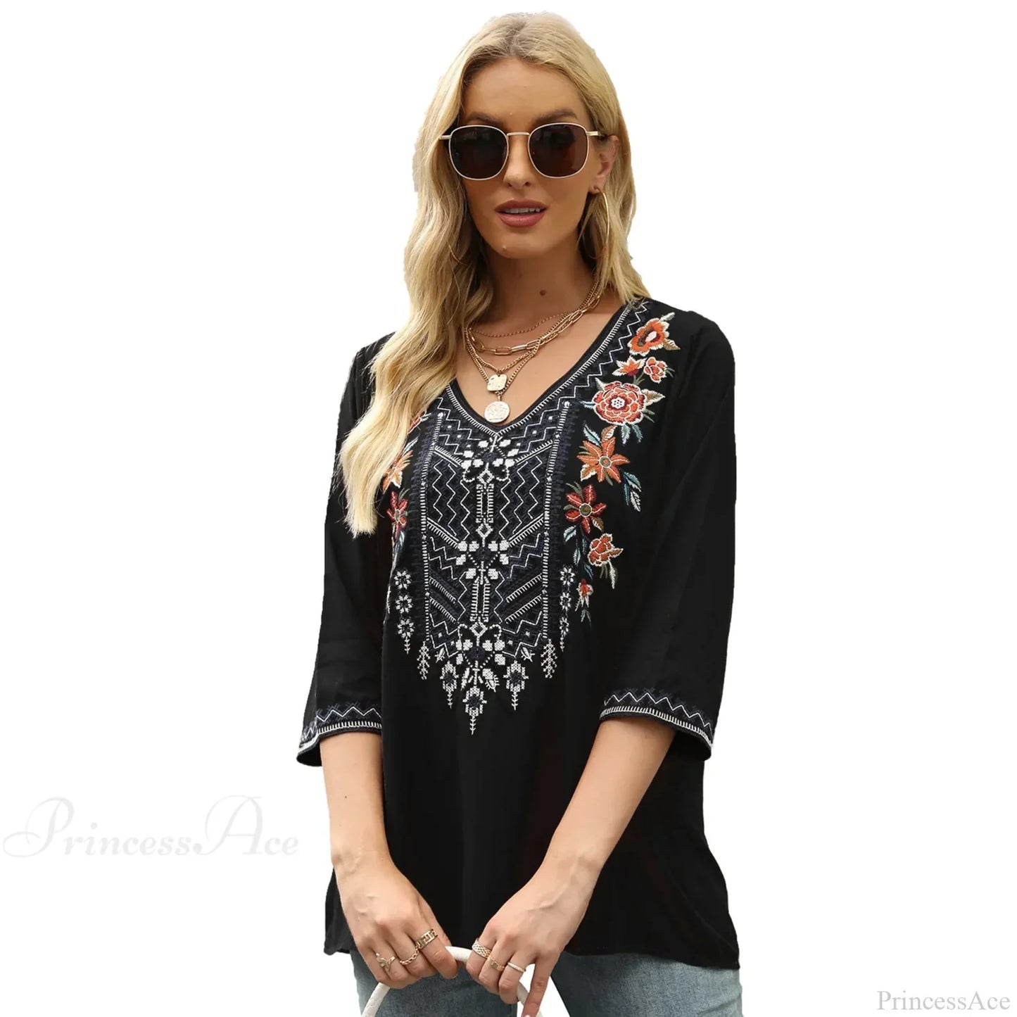 Vintage Floral Embroidery Loose Cotton Long Sleeve Boho Blouse
