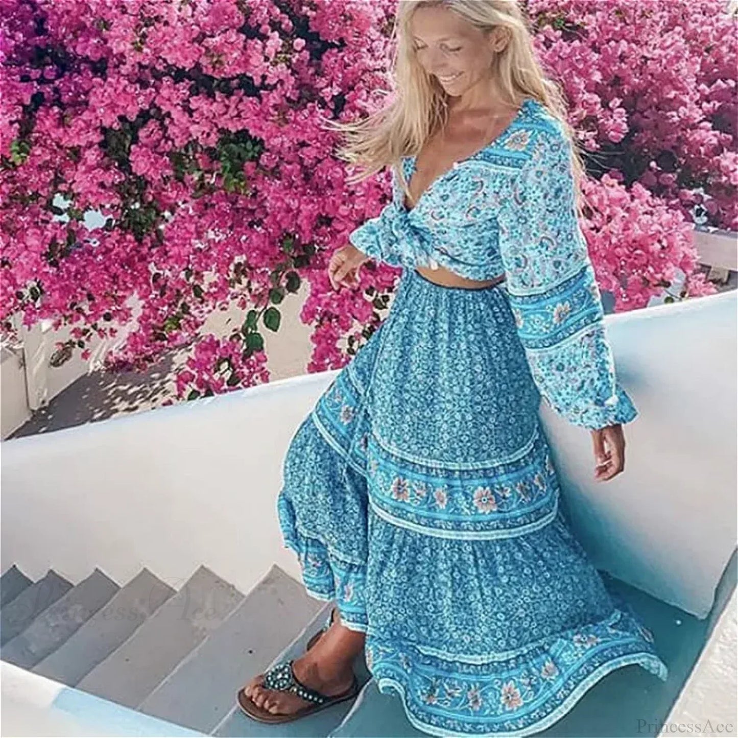 Vintage Floral Maxi Skirt Casual Beach Boho Rayon Elastic Waist Tie