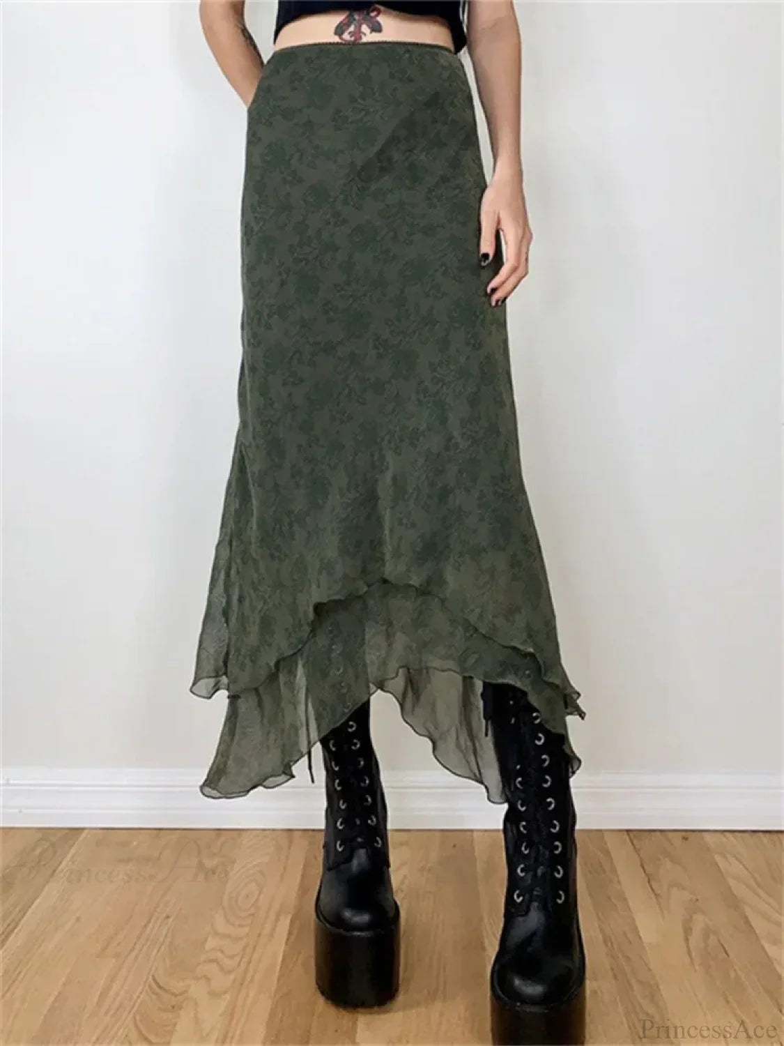 Vintage Floral Midi Skirt High Waist Mesh Irregular