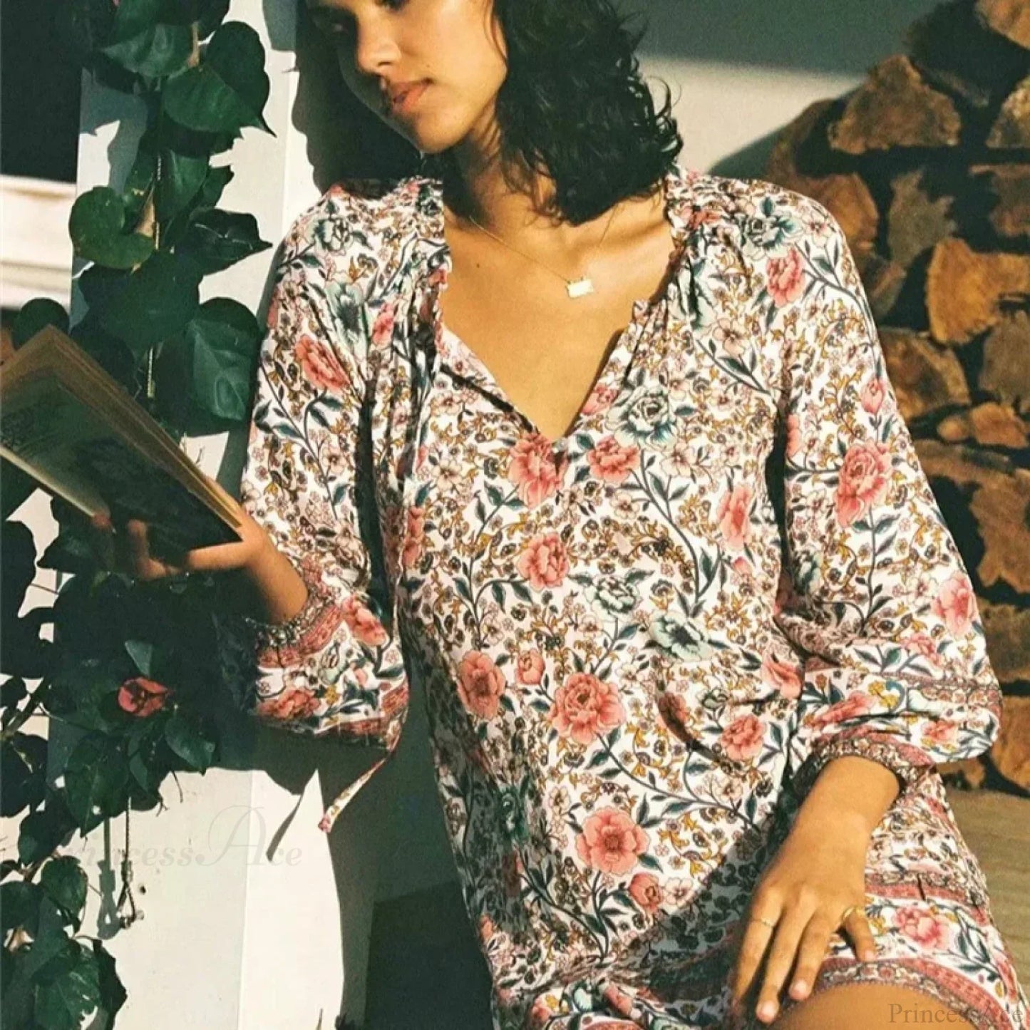 Vintage Floral Print Long Sleeve Ruffles Tassel Rayon Mini Boho Dress