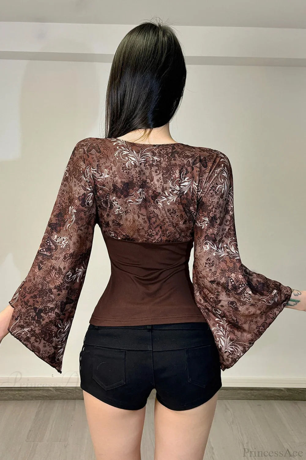 Vintage Floral Print V-neck Slim Sexy Long Sleeve Tee