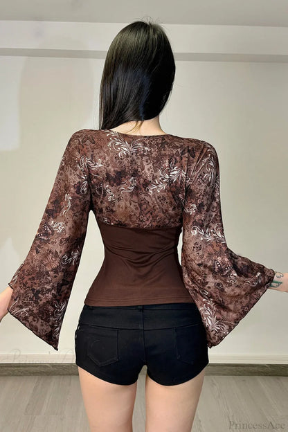 Vintage Floral Print V-neck Slim Sexy Long Sleeve Tee