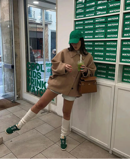 Vintage Khaki Lapel Wool Overcoat