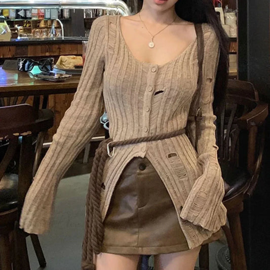 Vintage Knitted Spring Long Sleeve Button Closure Slim Knit Top