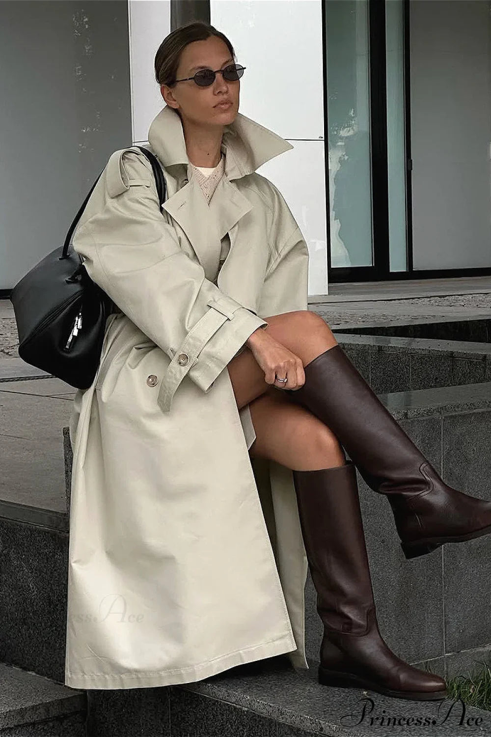 Vintage Loose Long Belted Waist Trench Overcoat