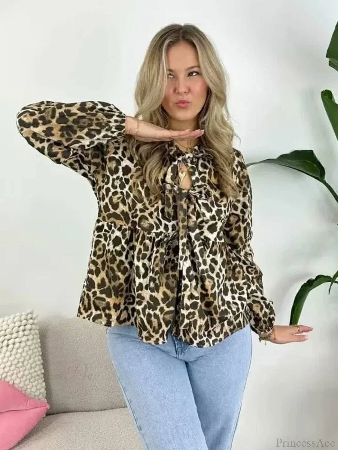Vintage Puff Sleeve Bow Button Blouse