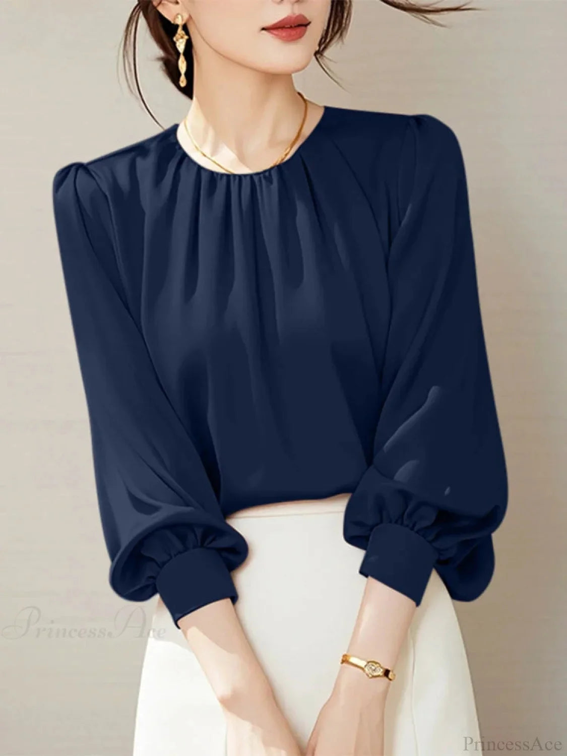 Vintage Satin Pleating Blouse Casual Office Blouse