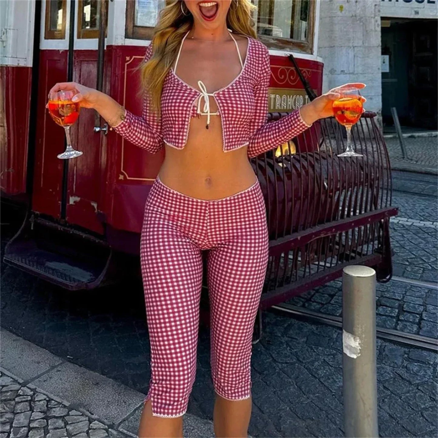 Vintage Slim Fit T-shirt Plaid Tie Front Pants Set