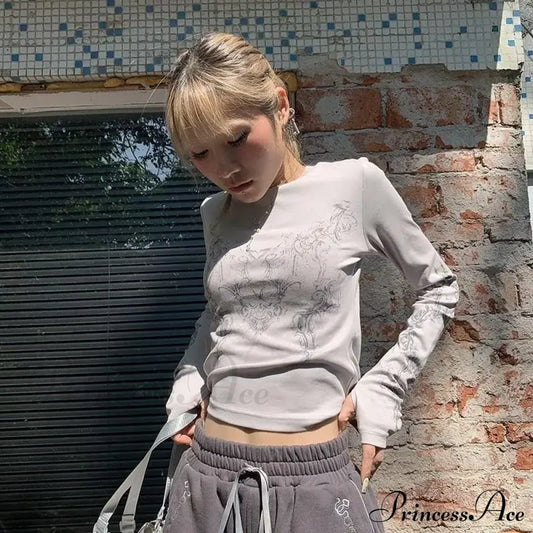 Vintage Y2K Gothic Long Sleeve O-neck Stylish Elegant Trendy Classic Casual Crop Top