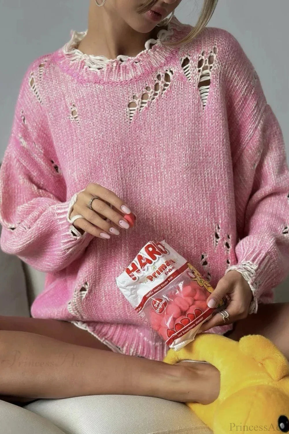 Washed Crew Neck Distressed Mid-Length Sweater