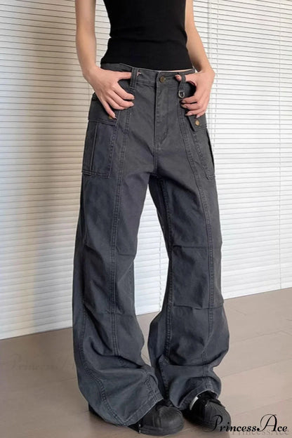 Washed Multi Pocket Flared Cargo Pants