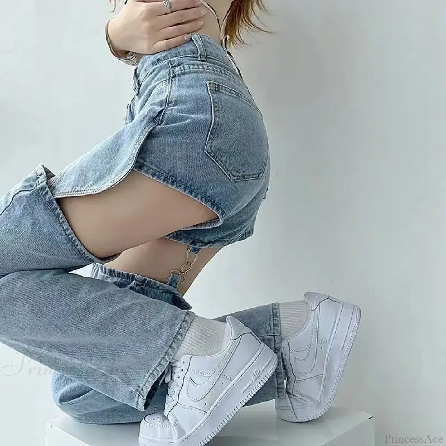 Washed Zipper Fake Ripped Denim Pants