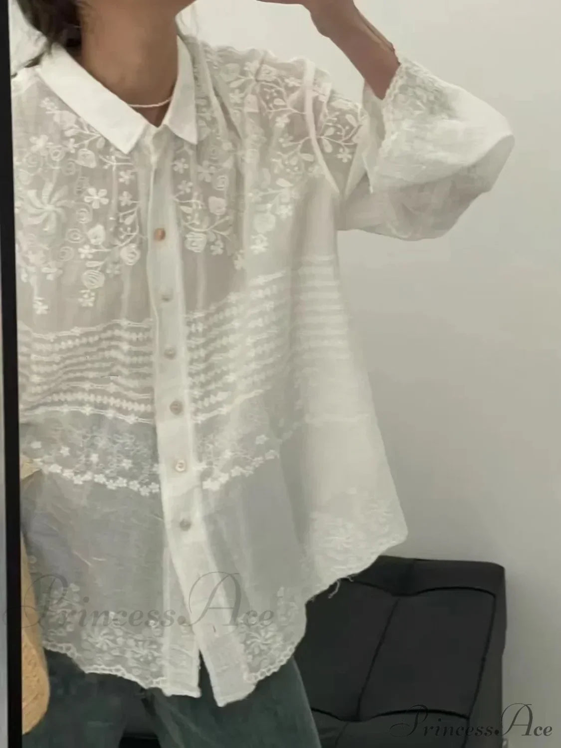 White Cotton Embroidery Lace Long Sleeve Boho Beach Blouse