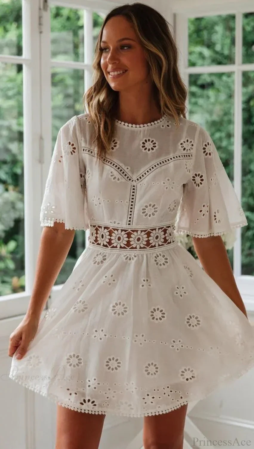 White Cotton Half Sleeve Sexy Backless Hollow Out Mini Boho Dress