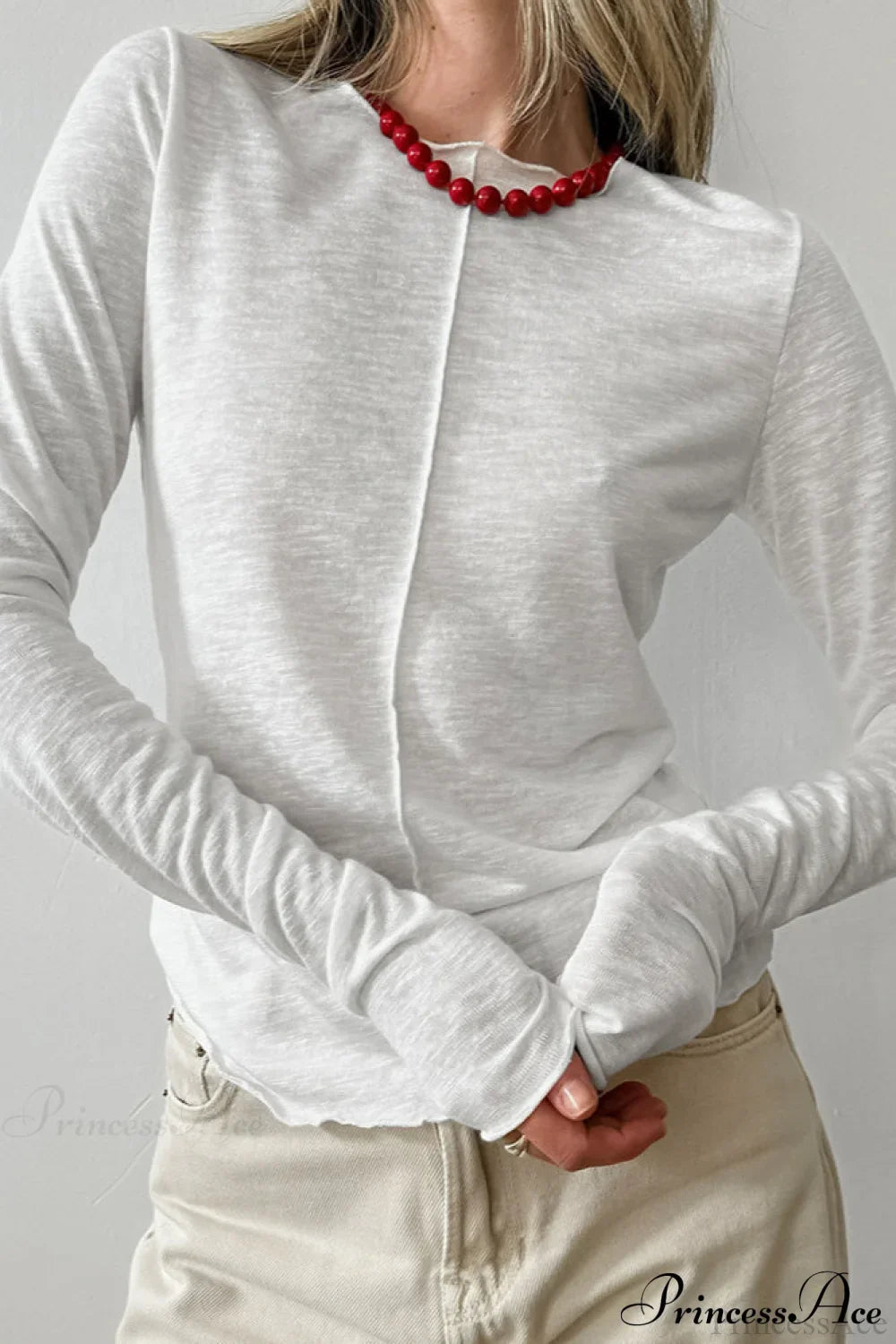 White Crew Neck Knit Panel Long Sleeve Tee