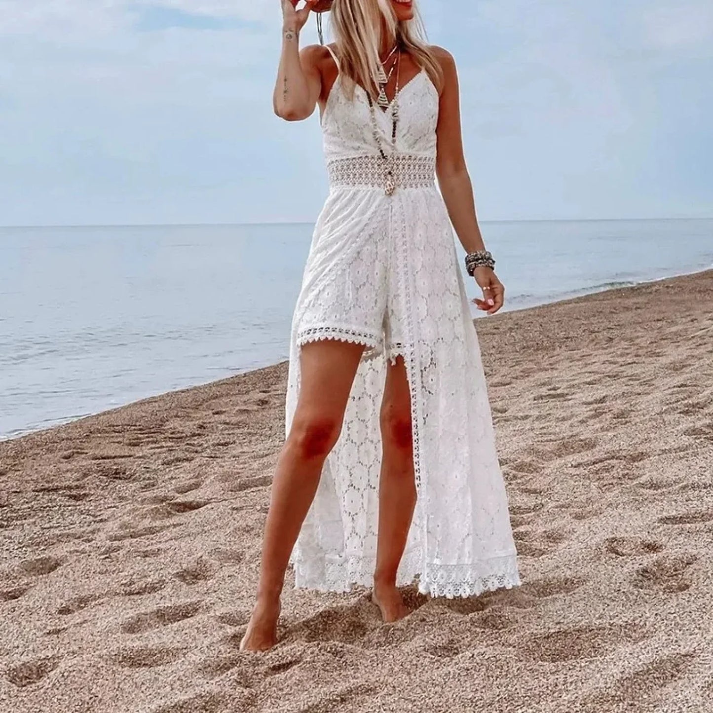 White Hollow Out Lace Strapless Sexy Split Midi Boho Dress