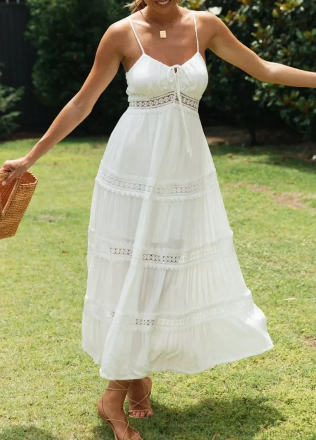 White Hollow Out Strapless Split Sleeveless Maxi Boho Dress