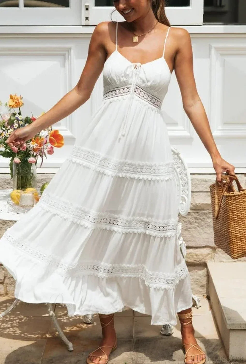 White Hollow Out Strapless Split Sleeveless Maxi Boho Dress