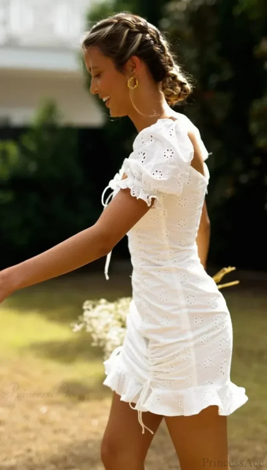 White Lace Cotton Short Sleeve Bodycon Mini Boho Dress