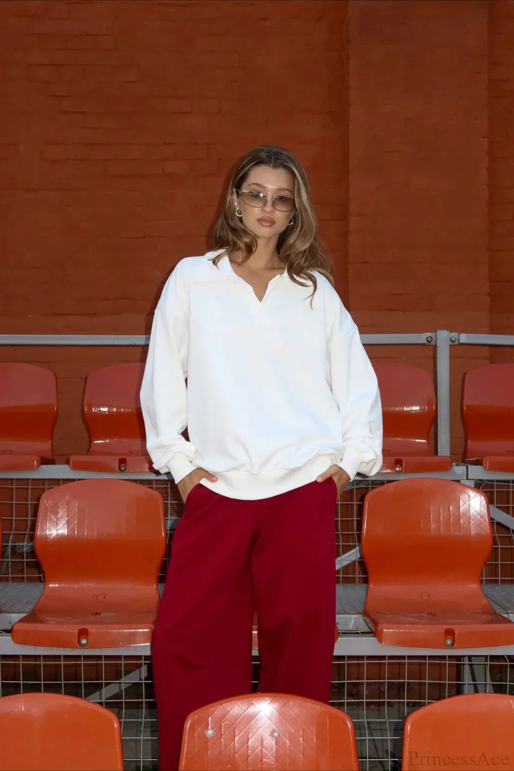 White Loose Top Elastic Red Pants Two Piece Set