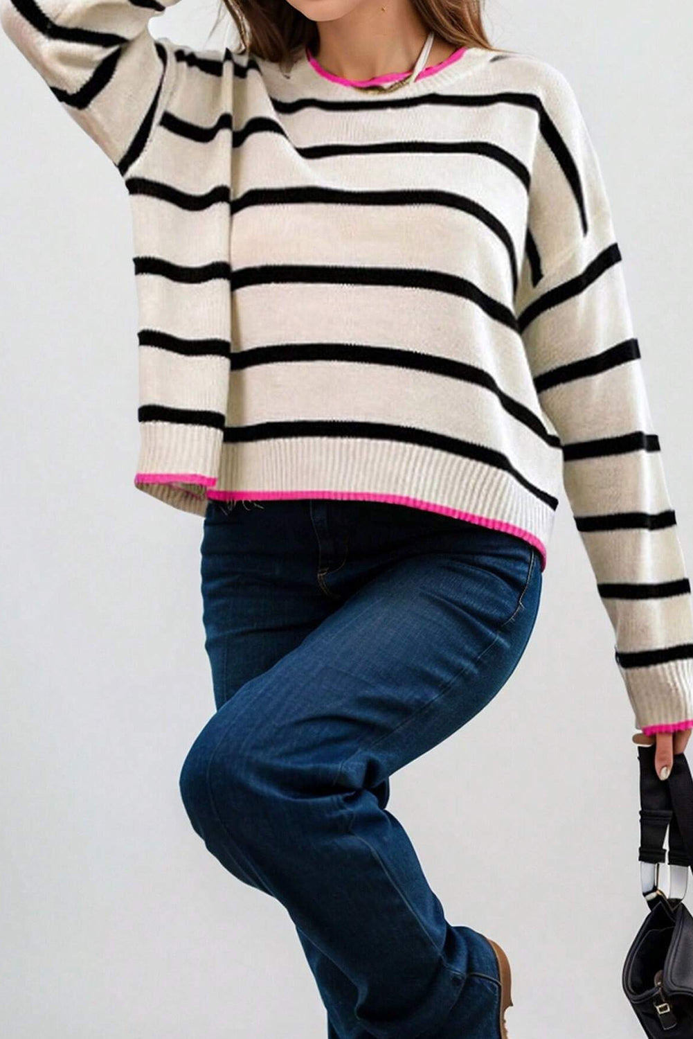 Zaida | Modern and classic striped sweater with pink lining