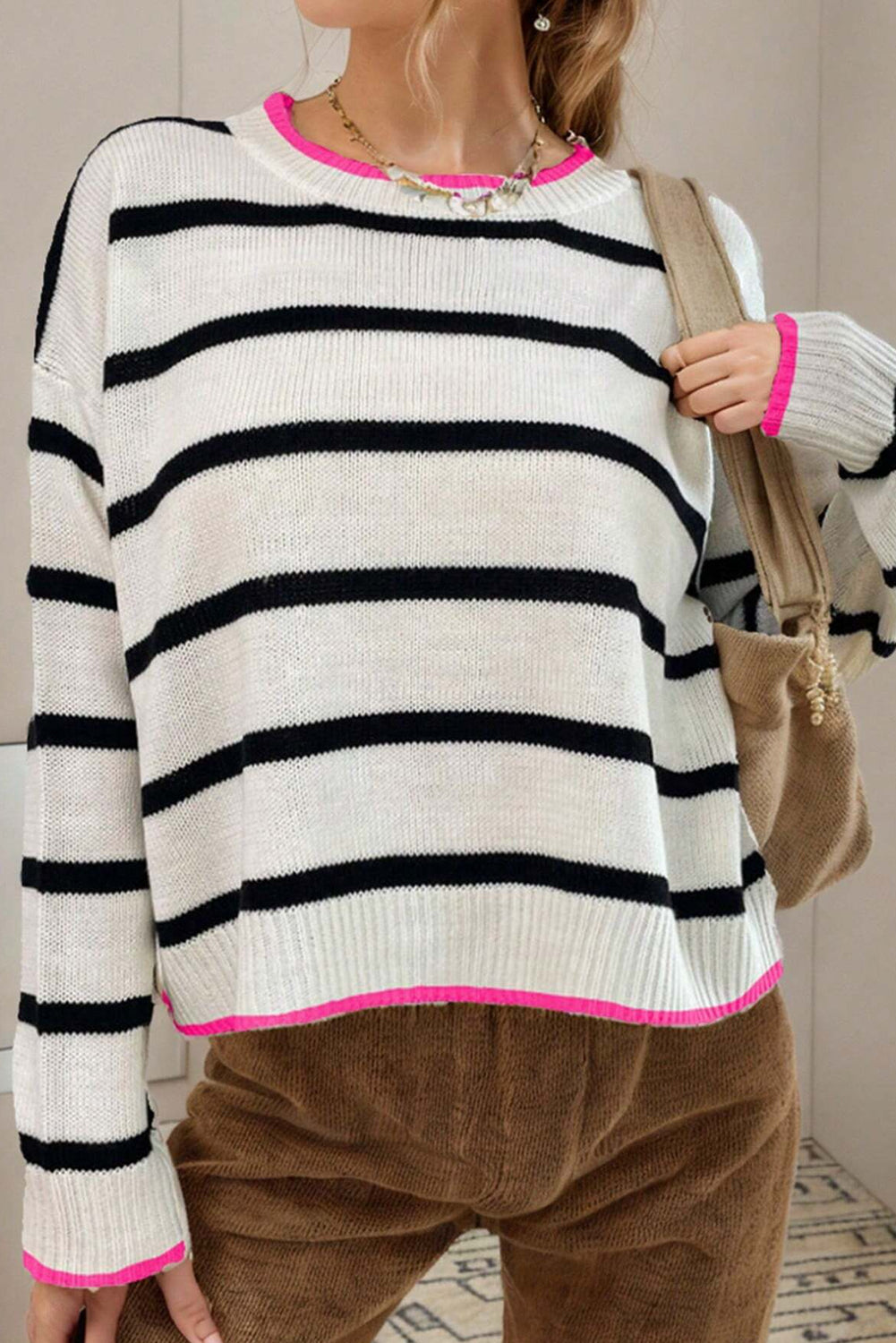 Zaida | Modern and classic striped sweater with pink lining