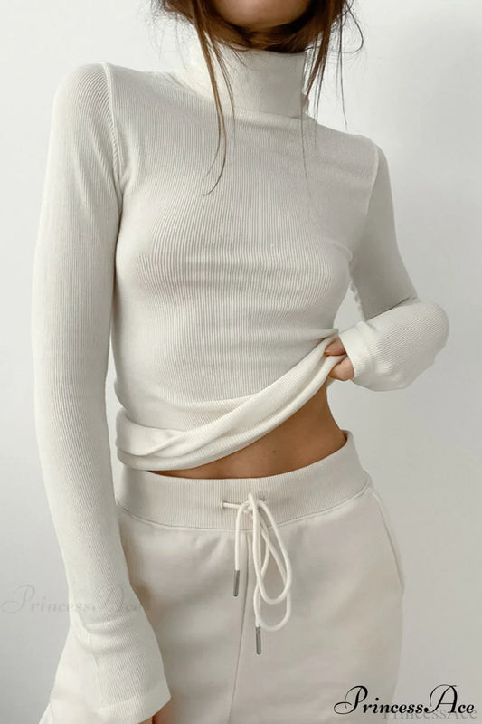 White Turtleneck Slim Knit Long Sleeve Tee