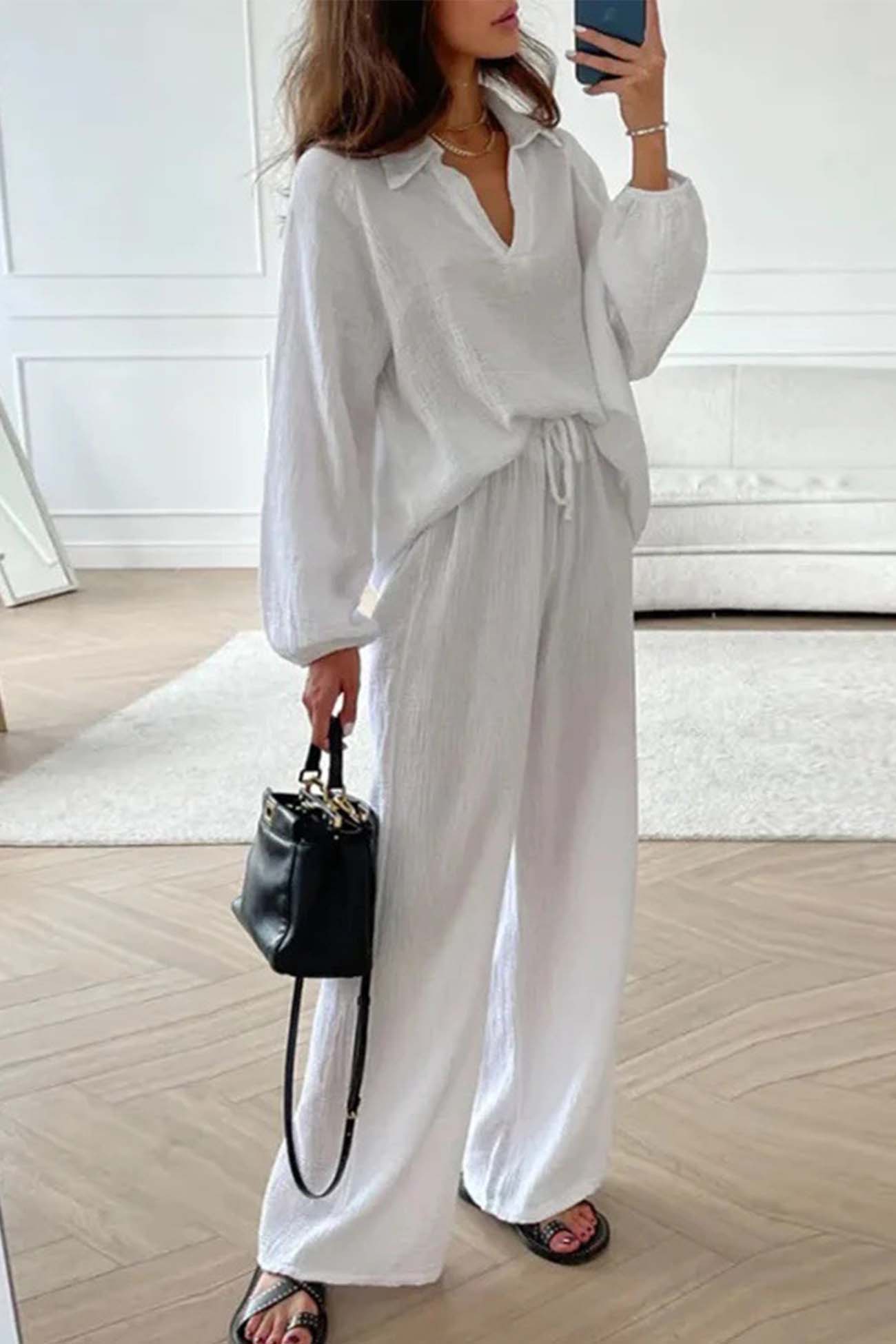 Nina | Two piece set with wide leg pants and lapel drawstring