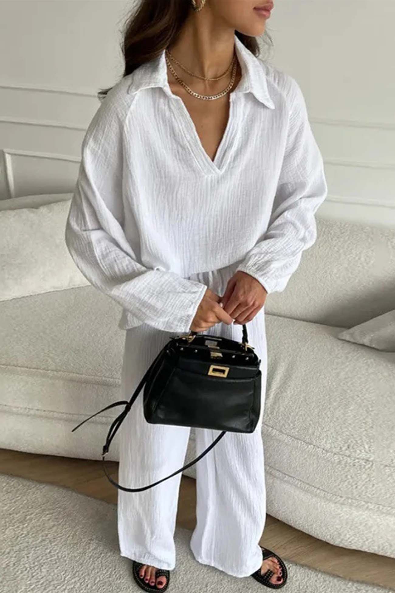 Nina | Two piece set with wide leg pants and lapel drawstring