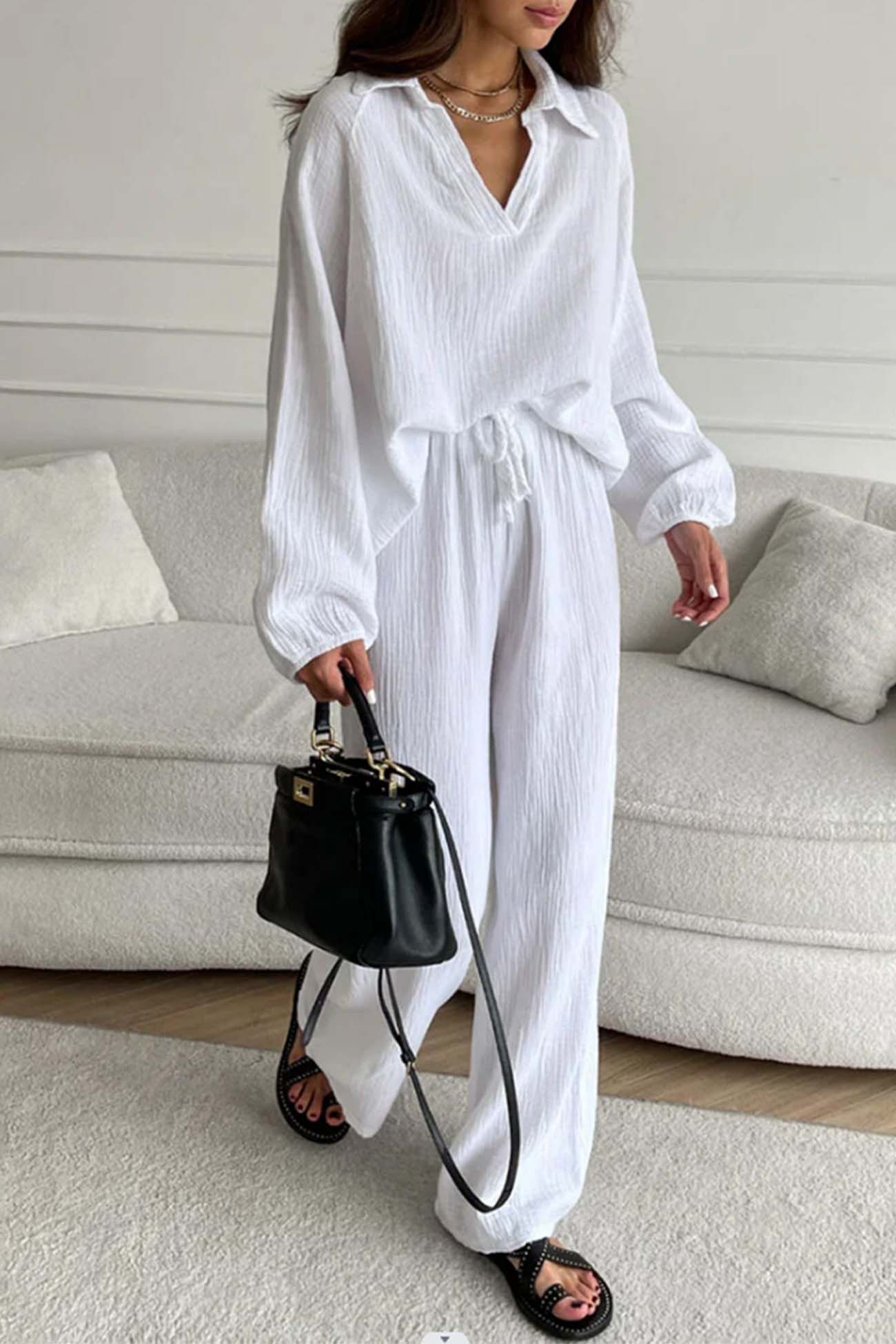Nina | Two piece set with wide leg pants and lapel drawstring